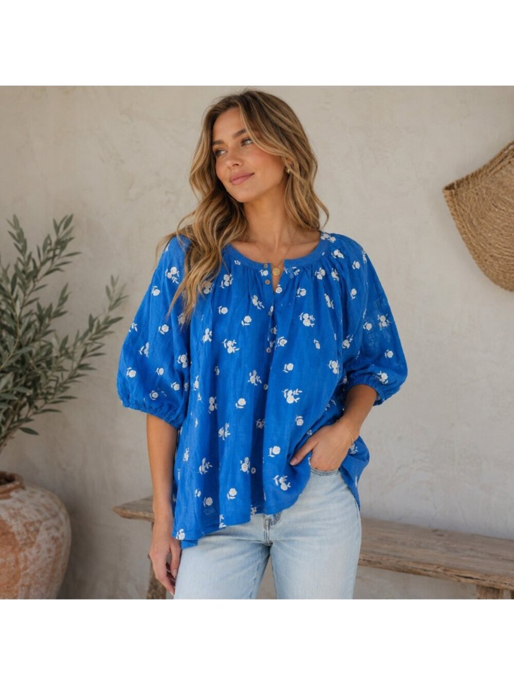 Workshop Republic Clothing 100% Cotton Blue White Embroidered Top 2XL